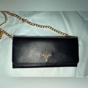 Prada Saffiano Leather Black Wallet with Gold details